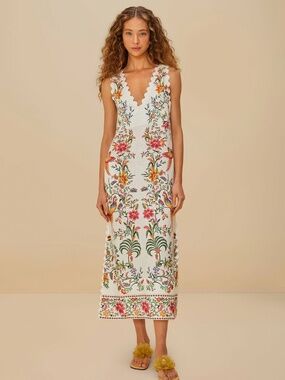 FARM Rio LARGE Off-White Delicate Forest Euroflax™ Premium Linen Maxi Dress